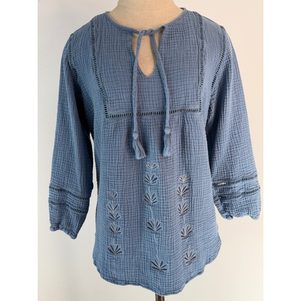 Johnny Was‎ Calme Blue Organic Cotton Tunic Top Embroidered Boho Casual Medium